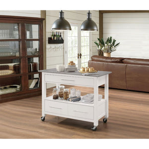 Homeroots White And Stainless Rolling Kitchen Island Or Bar Cart  Stainless Steel 286679