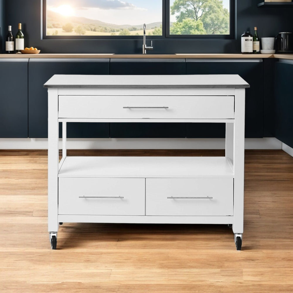 HomeRoots White Rolling Kitchen Island with Storage - Stylish, Durable Design for Efficient Meal Prep & Serving 43" 286679