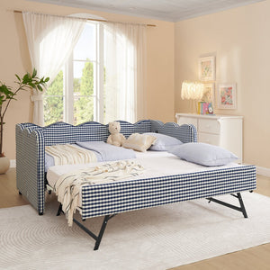 English Elm Cozy Twin Gingham Daybed with Trundle Sofa Bed, Linen Upholstery, USB Port, Wave Frame Design Navy W1413S00101
