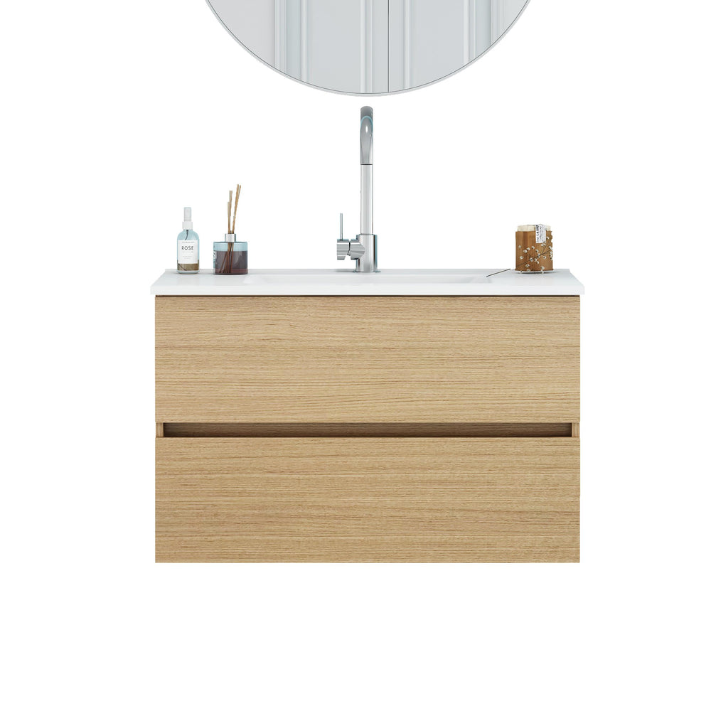 English Elm 32-Inch Wall-Mounted Bathroom Vanity With Soft-Close Drawers, Ceramic Sink & Modern Design Finish W3151S00041