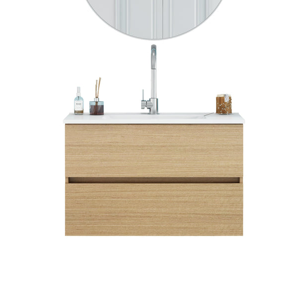 English Elm 32-Inch Wall-Mounted Bathroom Vanity With Soft-Close Drawers, Ceramic Sink & Modern Design Finish W3151S00041