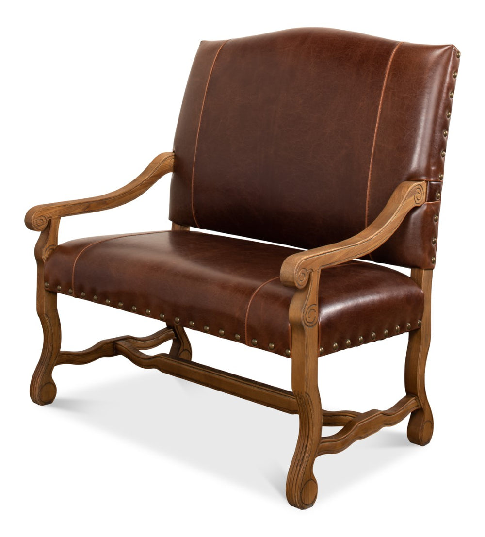 Sarreid Italian Leather Settee - Vintage Brown Split Cowhide With Elegant Oak Frame For Timeless Style Brown  28671