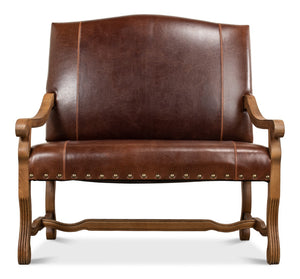 Sarreid Italian Leather Settee - Vintage Brown Split Cowhide With Elegant Oak Frame For Timeless Style Brown  28671