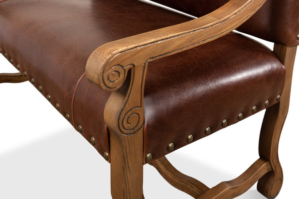 Sarreid Italian Leather Settee - Vintage Brown Split Cowhide With Elegant Oak Frame For Timeless Style Brown  28671