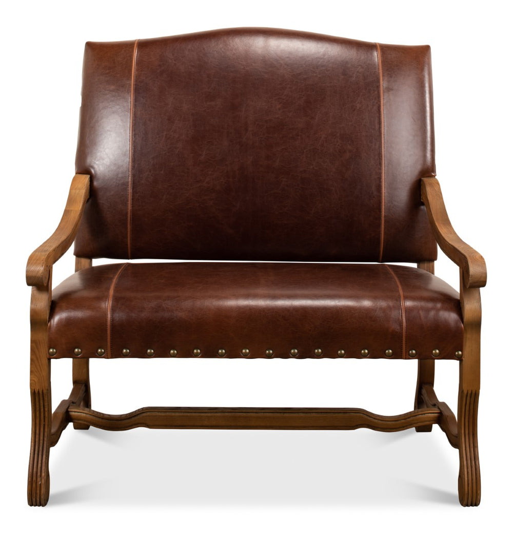 Sarreid Italian Leather Settee - Vintage Brown Split Cowhide With Elegant Oak Frame For Timeless Style Brown  28671