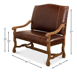Sarreid Italian Leather Settee - Vintage Brown Split Cowhide With Elegant Oak Frame For Timeless Style Brown  28671
