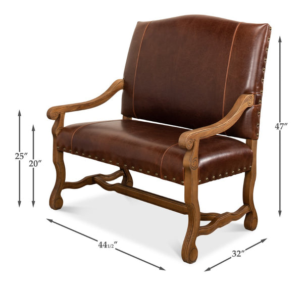 Sarreid Italian Leather Settee - Vintage Brown Split Cowhide With Elegant Oak Frame For Timeless Style Brown  28671