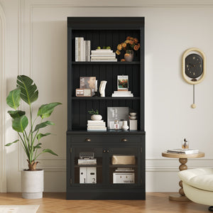 English Elm 83.4"Tall Modern Bookcase With Glass Doors & Drawer - Stylish Storage For Living Room & Office Decor N751S323419B