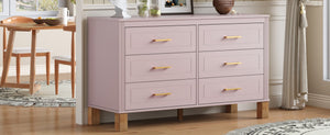 English Elm 6-drawer Double Dresser Solid Wood Legs Mid-century Modern Bedroom Storage Cabinet Pink W1445S00009