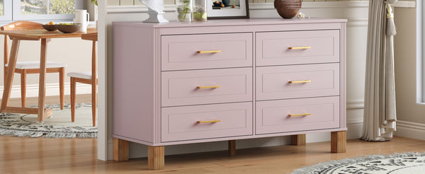 English Elm 6-drawer Double Dresser Solid Wood Legs Mid-century Modern Bedroom Storage Cabinet Pink W1445S00009