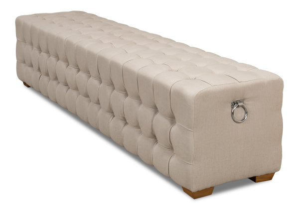 Sarreid Beam Bench - Elegant Tufted Beige Linen With American Oak Natural Finish For Stylish Interiors Beige  28683