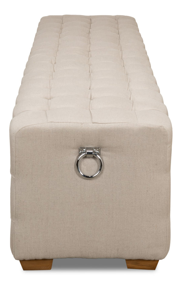Sarreid Beam Bench - Elegant Tufted Beige Linen With American Oak Natural Finish For Stylish Interiors Beige  28683