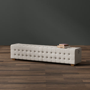 Sarreid Beam Bench - Elegant Tufted Beige Linen With American Oak Natural Finish For Stylish Interiors Beige  28683