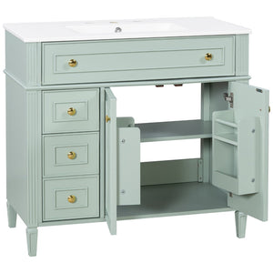 English Elm 36 Inch Freestanding Bathroom Vanity Sage Pine Cabinet Gold Hardware Ceramic Sink Green N725P366468G