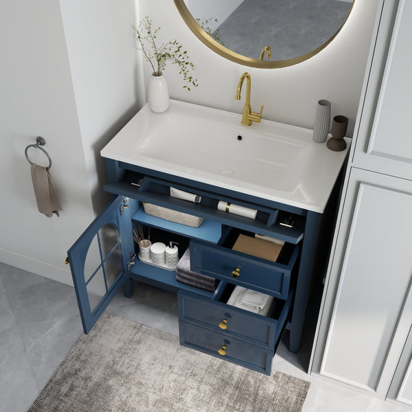 English Elm 35.6" Freestanding Bathroom Vanity with Roman Column Base and Ceramic Integrated Sink Blue W1801S00012