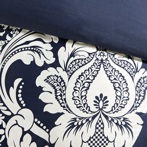 English Elm 7 Piece Cotton Printed Comforter Set - Elegant Indigo Damask Design For Luxurious Bedroom Style B03596962