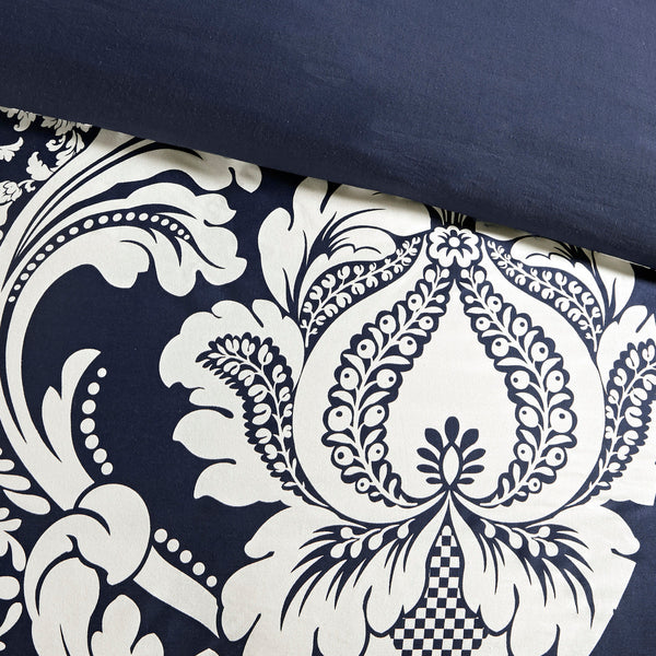 English Elm 7 Piece Cotton Printed Comforter Set - Elegant Indigo Damask Design For Luxurious Bedroom Style B03596962