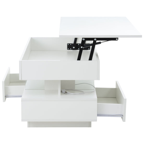 English Elm 39.3" Lift Top Coffee Table with Hidden Storage, 2 Drawers, Adjustable LED Ambience Lights and Durable Lift Mechanism White W3871P368909