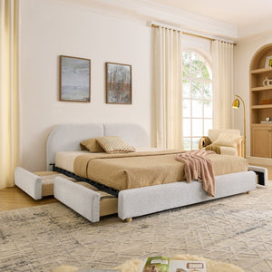 English Elm Queen Platform Bed Curved Headboard Circle Yarn Fabric with Four Wheeled Storage Drawers Beige W487S00481