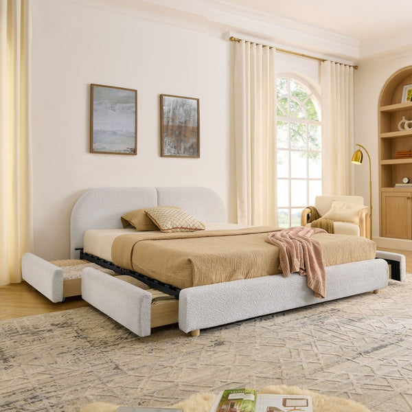 English Elm Queen Platform Bed Curved Headboard Circle Yarn Fabric with Four Wheeled Storage Drawers Beige W487S00481