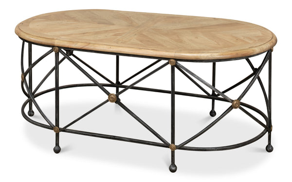 Sarreid Drum Oval Coffee Table – Old Iron Base With Walnut Parquet Top & Driftwood Finish, Brass Accents Grey  28690