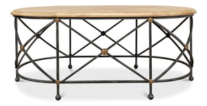 Sarreid Drum Oval Coffee Table – Old Iron Base With Walnut Parquet Top & Driftwood Finish, Brass Accents Grey  28690