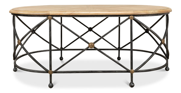 Sarreid Drum Oval Coffee Table – Old Iron Base With Walnut Parquet Top & Driftwood Finish, Brass Accents Grey  28690