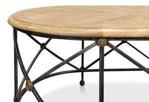 Sarreid Drum Oval Coffee Table – Old Iron Base With Walnut Parquet Top & Driftwood Finish, Brass Accents Grey  28690