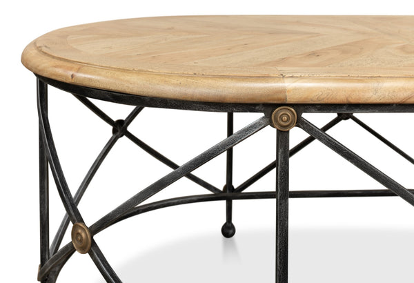 Sarreid Drum Oval Coffee Table – Old Iron Base With Walnut Parquet Top & Driftwood Finish, Brass Accents Grey  28690
