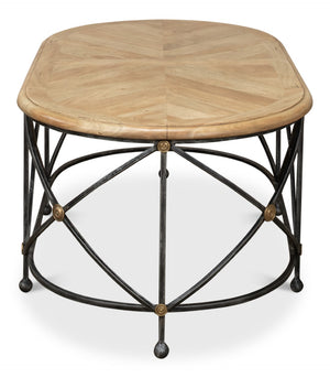 Sarreid Drum Oval Coffee Table – Old Iron Base With Walnut Parquet Top & Driftwood Finish, Brass Accents Grey  28690