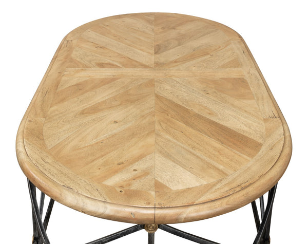 Sarreid Drum Oval Coffee Table – Old Iron Base With Walnut Parquet Top & Driftwood Finish, Brass Accents Grey  28690