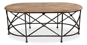 Sarreid Drum Oval Coffee Table – Old Iron Base With Walnut Parquet Top & Driftwood Finish, Brass Accents Grey  28690