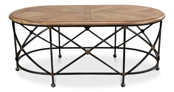 Sarreid Drum Oval Coffee Table – Old Iron Base With Walnut Parquet Top & Driftwood Finish, Brass Accents Grey  28690