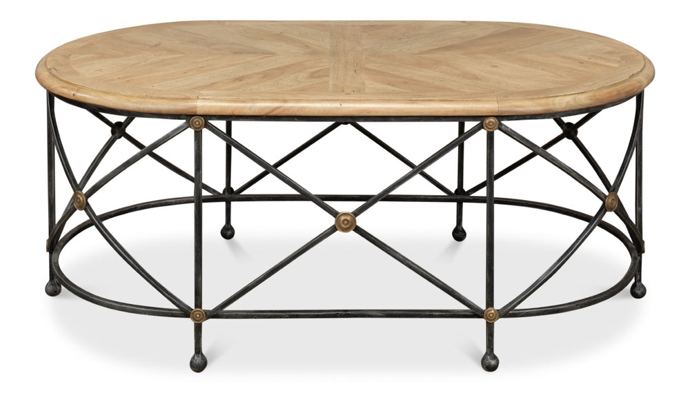 Sarreid Drum Oval Coffee Table – Old Iron Base With Walnut Parquet Top & Driftwood Finish, Brass Accents Grey  28690