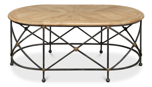 Sarreid Drum Oval Coffee Table – Old Iron Base With Walnut Parquet Top & Driftwood Finish, Brass Accents Grey  28690