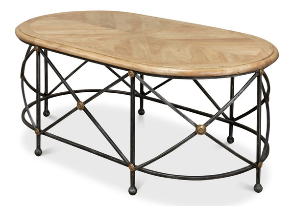 Sarreid Drum Oval Coffee Table – Old Iron Base With Walnut Parquet Top & Driftwood Finish, Brass Accents Grey  28690