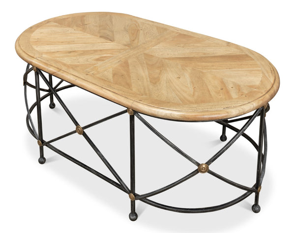 Sarreid Drum Oval Coffee Table – Old Iron Base With Walnut Parquet Top & Driftwood Finish, Brass Accents Grey  28690
