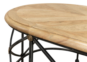 Sarreid Drum Oval Coffee Table – Old Iron Base With Walnut Parquet Top & Driftwood Finish, Brass Accents Grey  28690