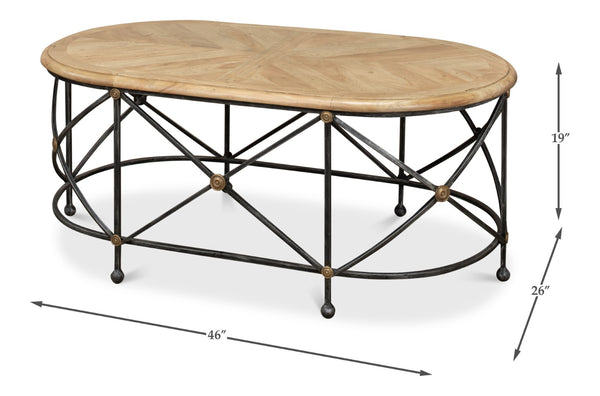 Sarreid Drum Oval Coffee Table – Old Iron Base With Walnut Parquet Top & Driftwood Finish, Brass Accents Grey  28690