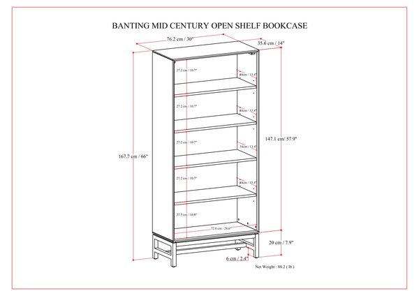 English Elm Banting Mid Century Open Shelf Bookcase Walnut Brown – Solid Rubberwood, Adjustable Shelves, Graphite Base B136P238600
