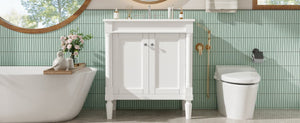 English Elm 30" French Style Bathroom Vanity with Ceramic Basin Soft Close Doors Wood Legs White N710P415327K