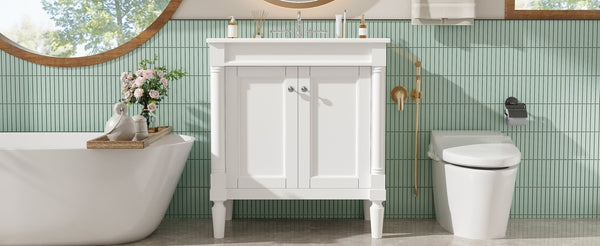 English Elm 30" French Style Bathroom Vanity with Ceramic Basin Soft Close Doors Wood Legs White N710P415327K