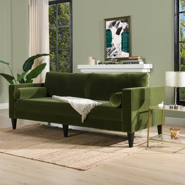 English Elm Jennifer Taylor Home - Nicholi 84" Mid-Century Sofa in Olive Performance Velvet — Handbuilt Solid Hardwood Frame, Durable Comfort B2719P238300