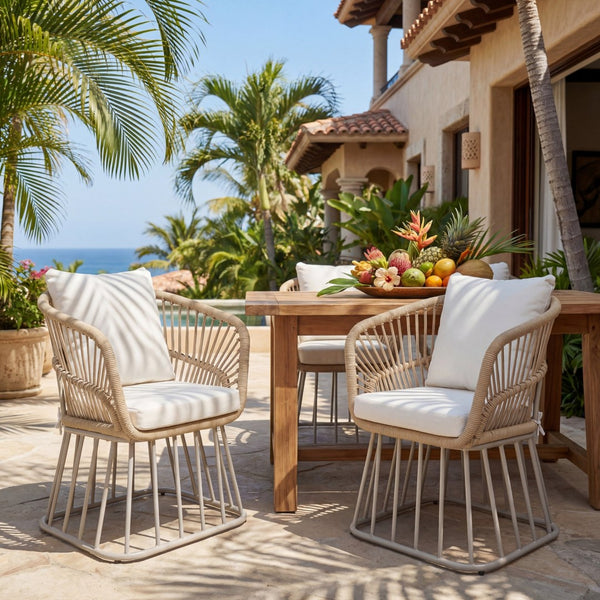 English Elm Outdoor Wicker Dining Chair with Fan Back Teak Finish Steel Frame and Cushion Included N770P385227B