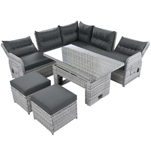 English Elm Outdoor Furniture Set: Modern Rattan Patio Set With Adjustable Recliners, Glass Tables & Ottomans N719Z000120E-GIGA