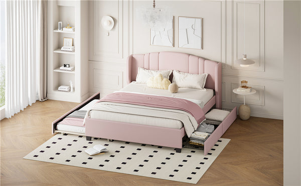 English Elm Upholstered Platform Bed with Wingback Headboard, Twin Trundle & 2 Storage Drawers, Linen Queen Frame Pink 83 L x 9.5 W x 8.75 H N733S208132H