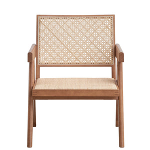English Elm Beige Rattan Accent Chair with Natural Wood Legs — Breathable Seat, Rustic Earthy Style for Home B062P209169