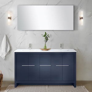 English Elm Navy Blue Double Bath Vanity 60" W With White Quartz Top, Brushed Nickel Faucet & 55" Mirror Set B2731S01722