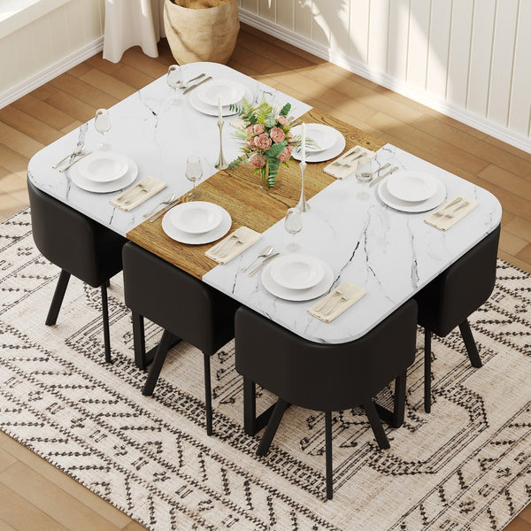 English Elm 7-piece Melamine Dining Set with Pu Cushioned Chairs and Iron Frame for Small Spaces W3875S00119