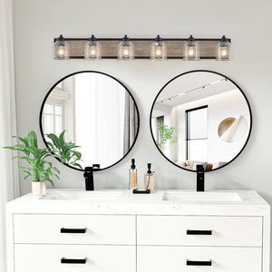 English Elm 49" Farmhouse Vanity Light Fixture - 6-Light Industrial Bathroom Sconce with Clear Seeded Glass Shades, Black Wood Finish W2312P374829